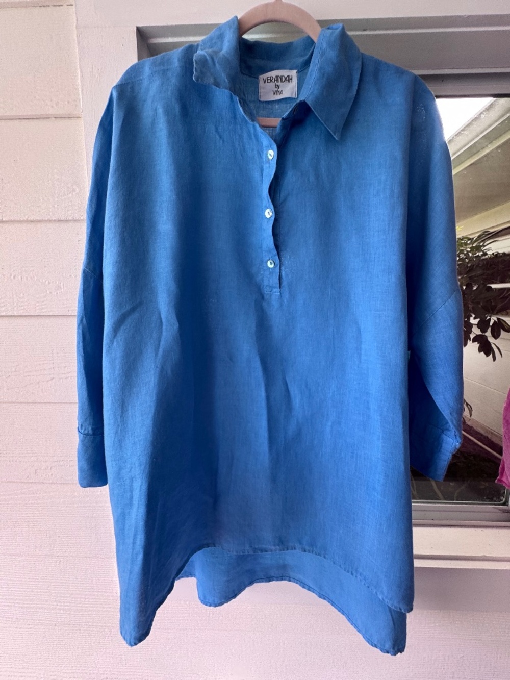 Verandah by Vina Blouse Tunic Shirt Blue 100% Linen Shirt Blouse Relaxed 3X